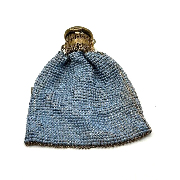 Vtg Antique Evening Purse Expandable Top Gold Mesh Beaded Beggars Bag Blue - Picture 3 of 14